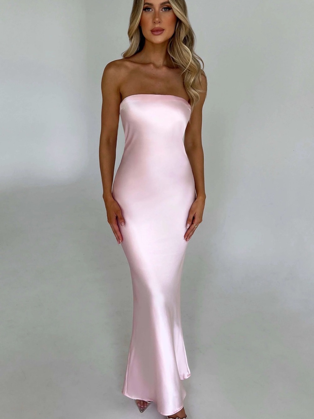 Babyboo Strapless Satin Maxi Dress in Light Pink size S